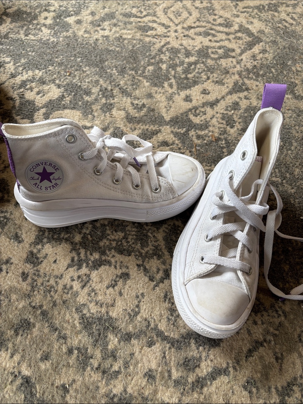 Converse Kids White Canvas High Top Sneakers with Purple Accents